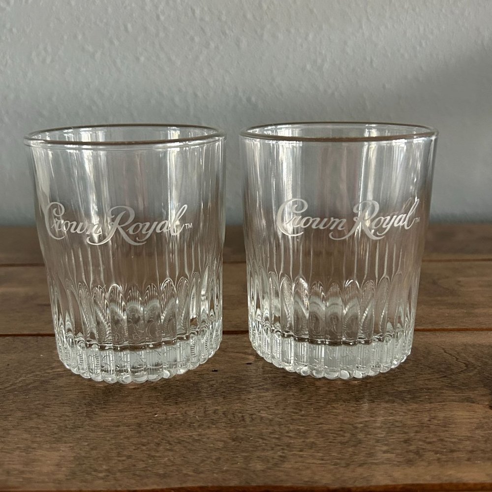 Crown Royal Whiskey Heavy‎ Rocks Glass Set of 2 Etched White Logo